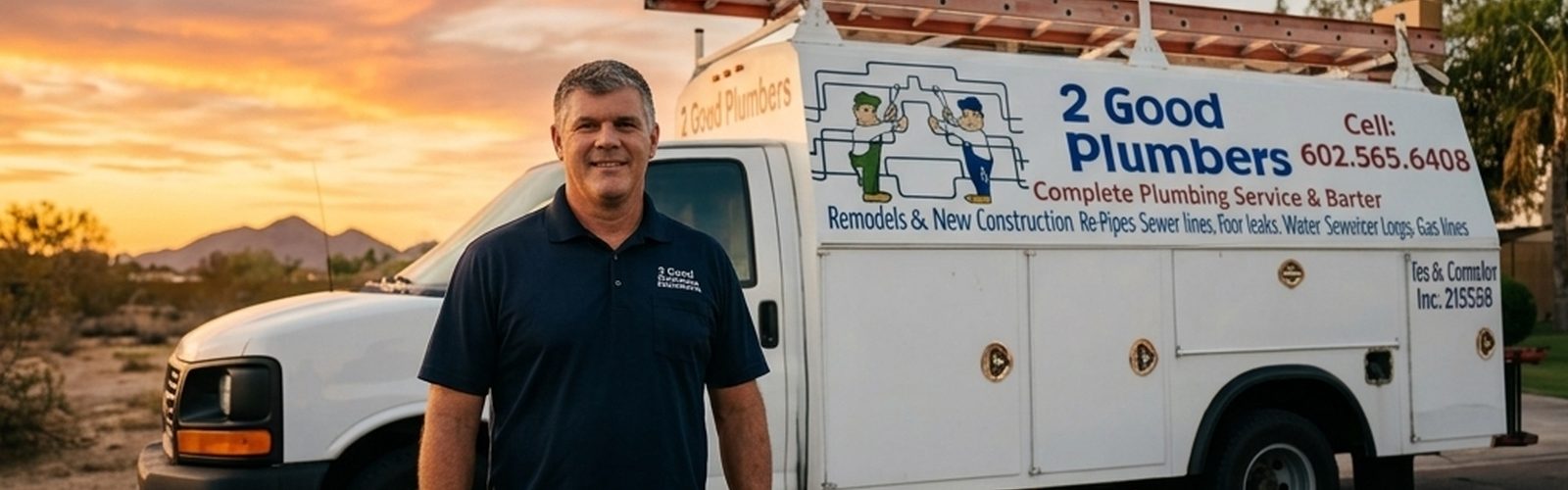 2 Good Plumbers owner and the company service truck at sunset in the Phoenix desert