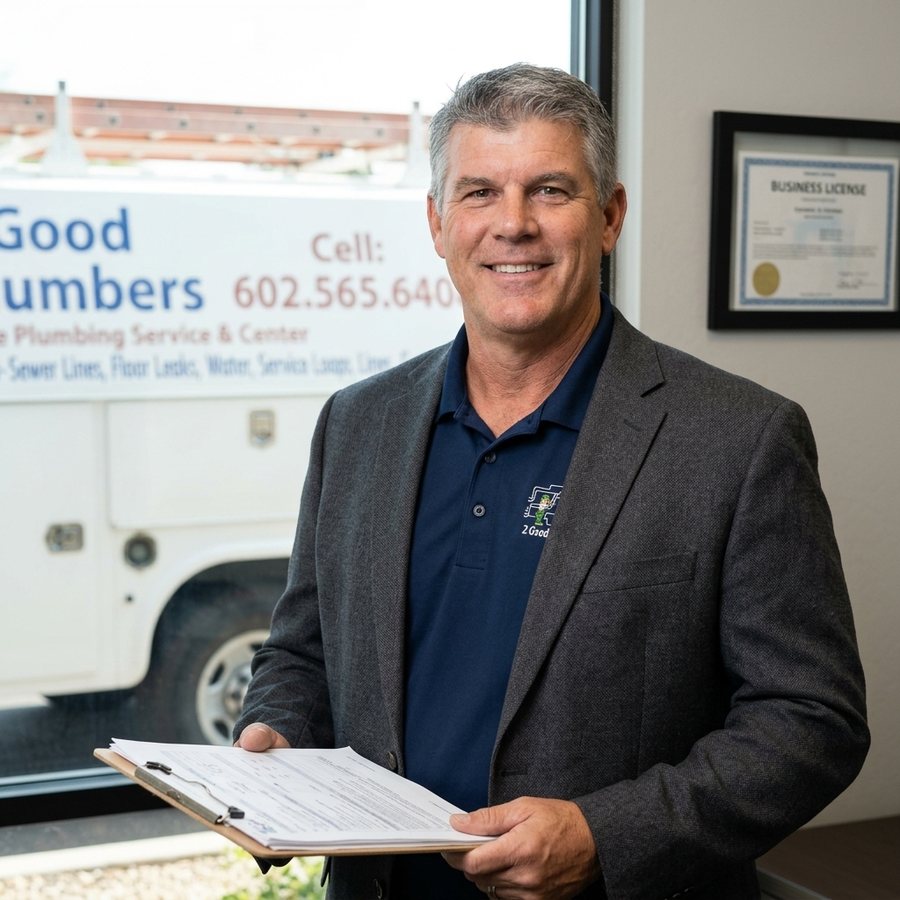 Owner of 2 Good Plumbers holding an estimate clipboard in front of the company service truck and framed business license in Phoenix, AZ