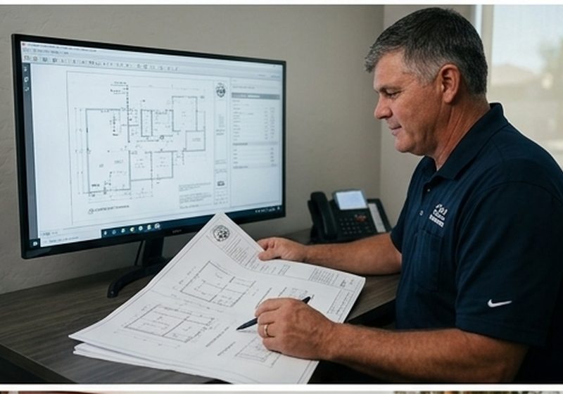 2 Good Plumbers owner reviewing house plans at a desk for a repipe and remodel estimate