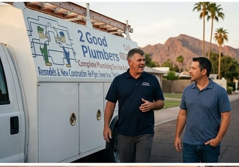 2 Good Plumbers owner talking with a homeowner on a Phoenix street near the truck