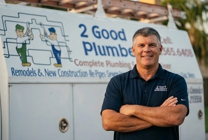 2 Good Plumbers owner standing confidently beside the company service truck