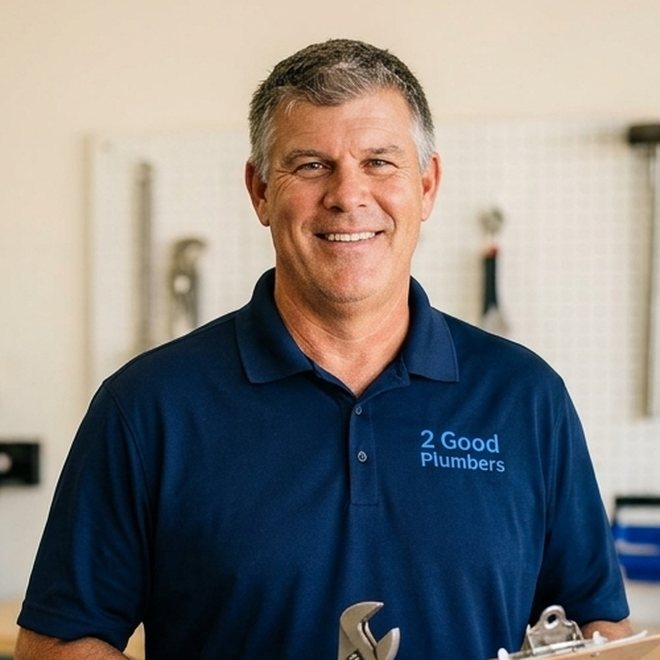 2 Good Plumbers owner holding a pipe wrench and clipboard, ready for a service call